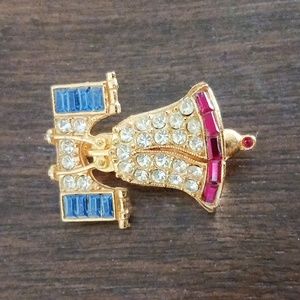 Vintage Liberty Bell patriotic USA marked Cinerama red white blue rhinestone1.5"